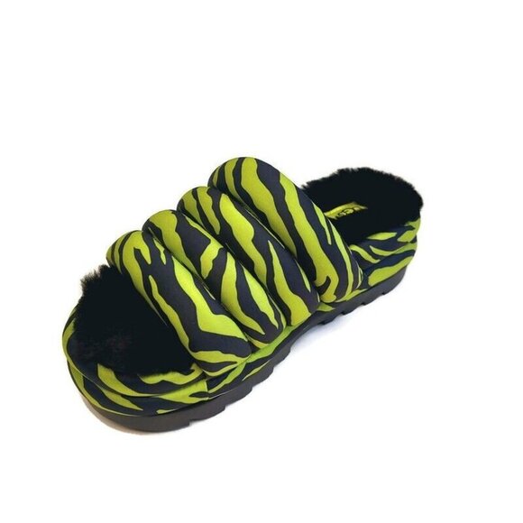 UGG Womens 6 Maxi Slide Tiger Print Sheepskin Platform Slippers Key Lime Green - Picture 3 of 8